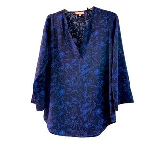 Best Society floral top royal blue black oversized v neck MEDIUM flower detail